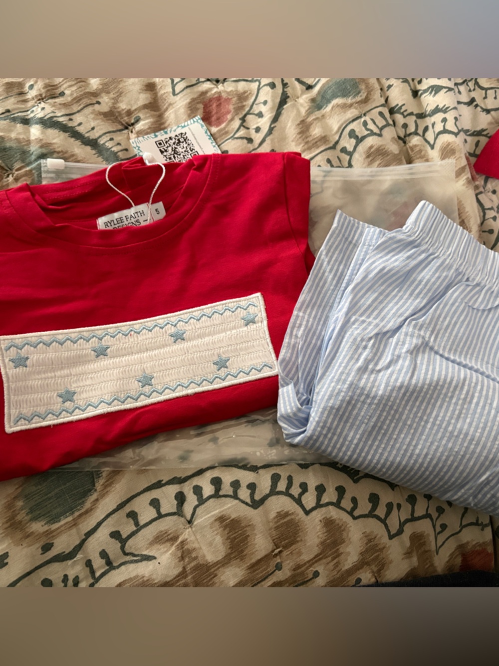 Red Top with Embroidered Patch & Light Blue Striped Shorts Set